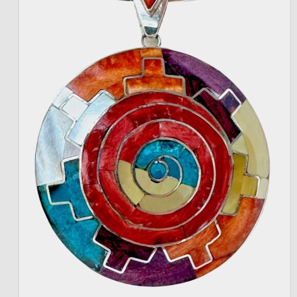 Peruvian 950 Sterling Silver Mosaic Pendant 2” | Turquoise Mother of Pearl Inlay - Picture 13 of 13